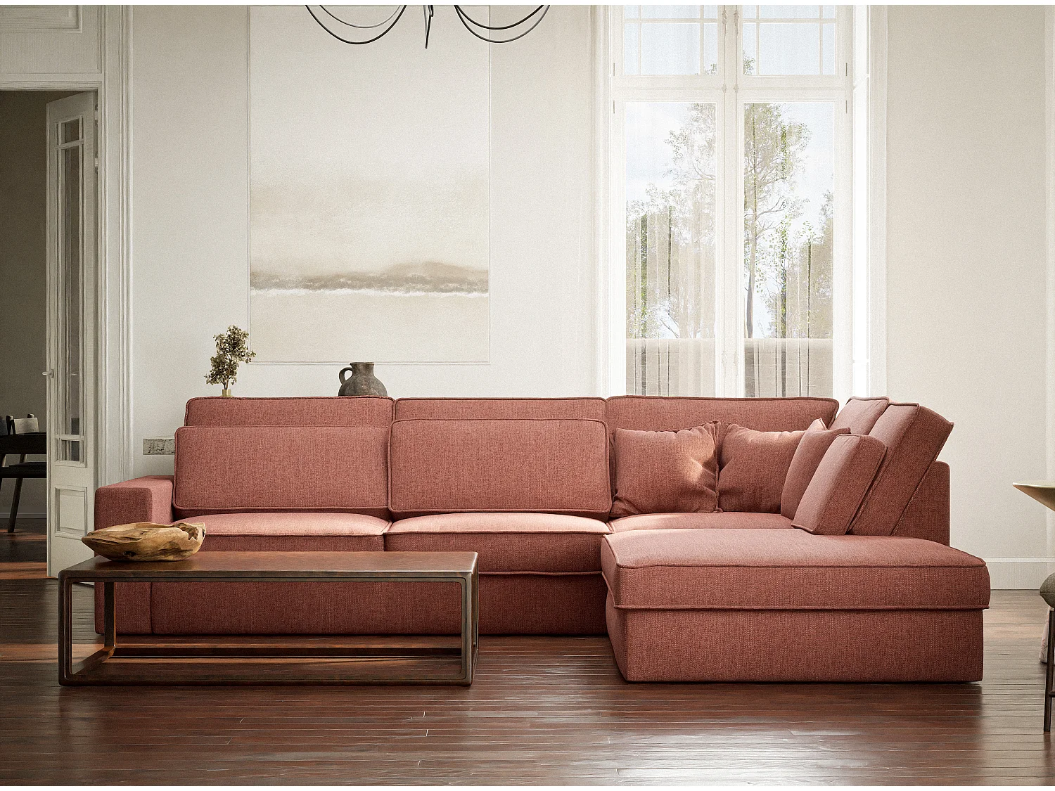 Canapé d'angle droit 5 places en tissu tressé corail KIROU