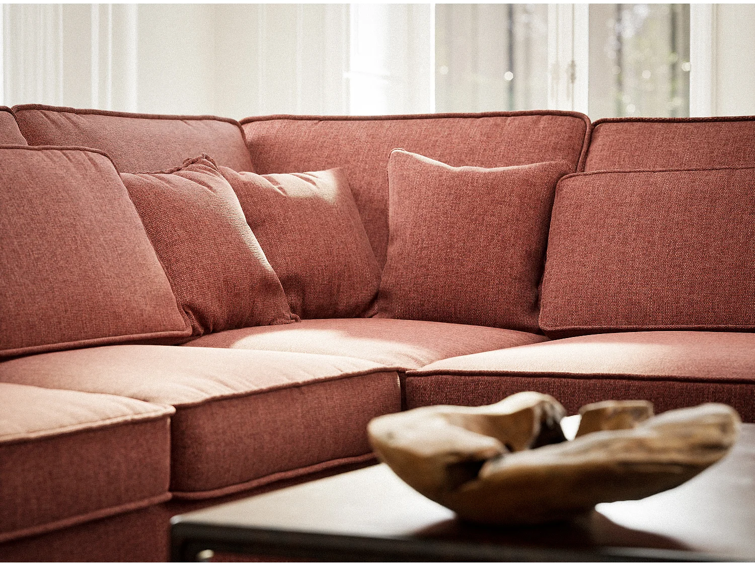 Canapé d'angle droit 5 places en tissu tressé corail KIROU