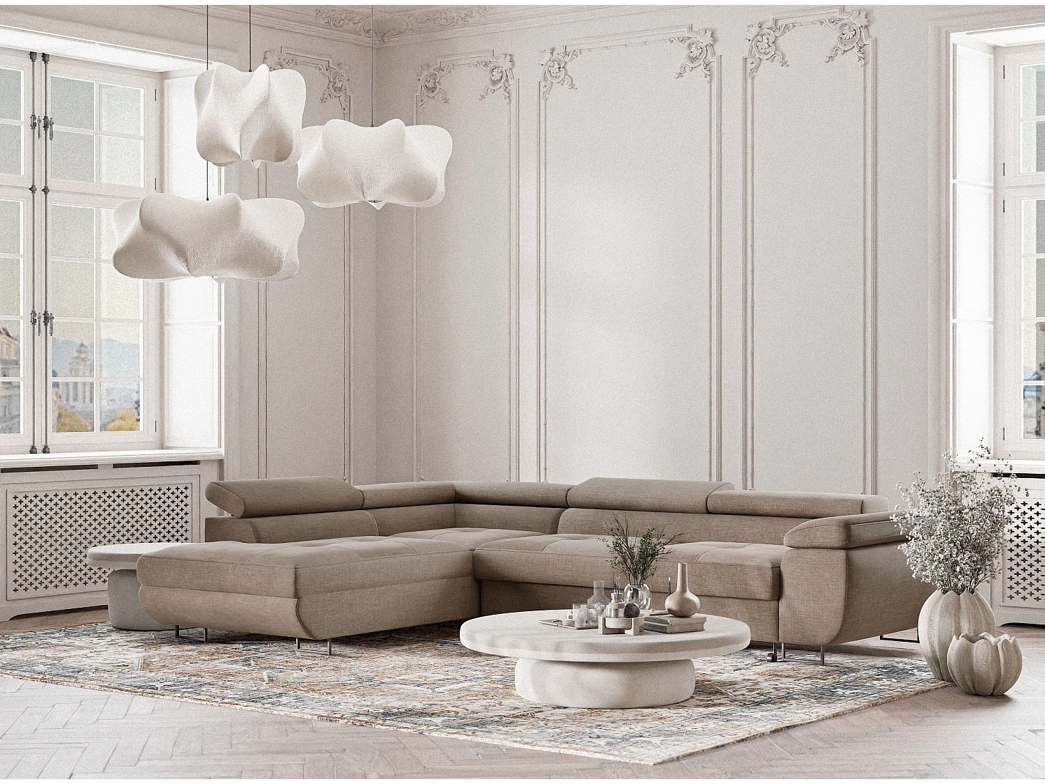 Canapé d'angle gauche convertible en tissu chenille brun gris CONCORD