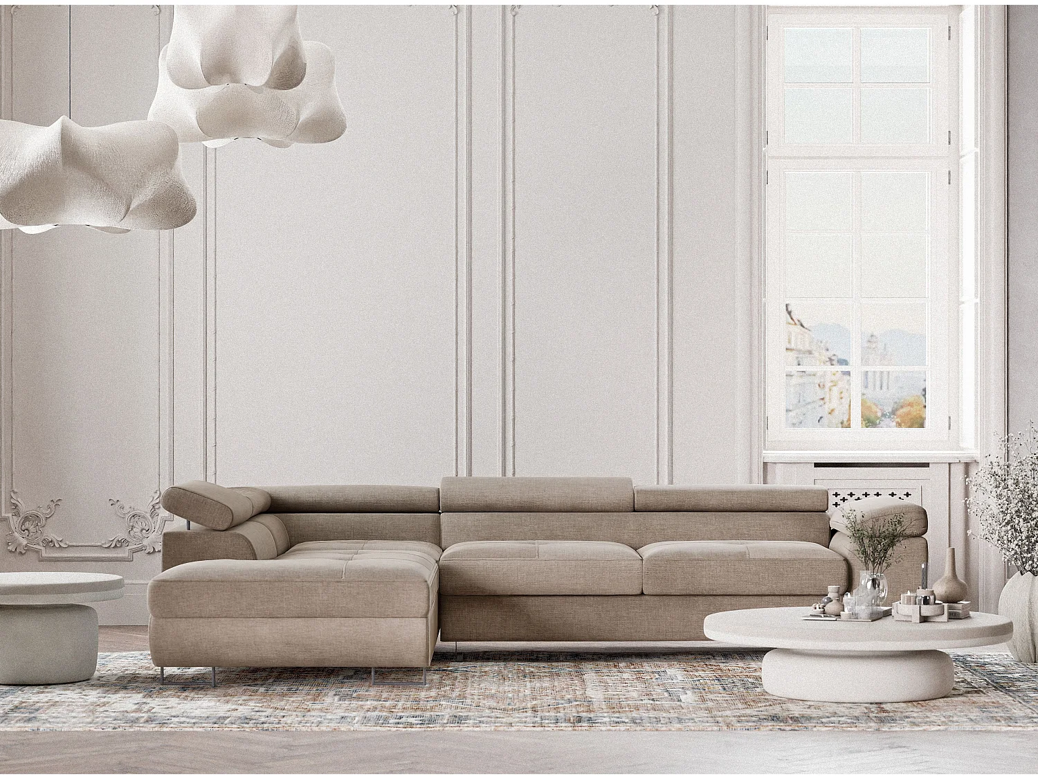 Canapé d'angle gauche convertible en tissu chenille brun gris CONCORD