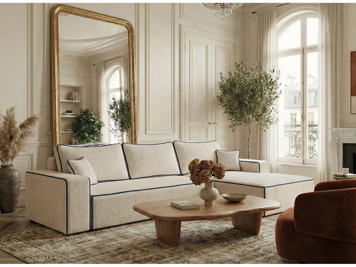 Canapé d'angle droit convertible en tissu chenille creme-bleu foncé MODO