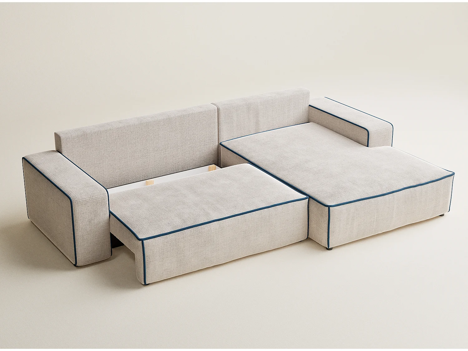 Canapé d'angle droit convertible en tissu chenille creme-bleu foncé MODO