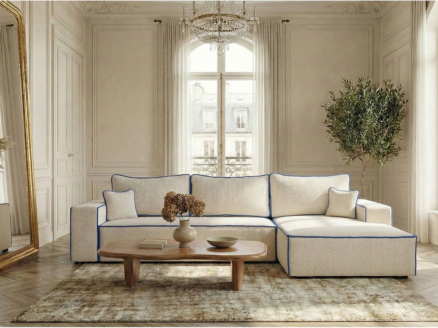 Canapé d'angle droit convertible en tissu chenille creme-bleu foncé MODO