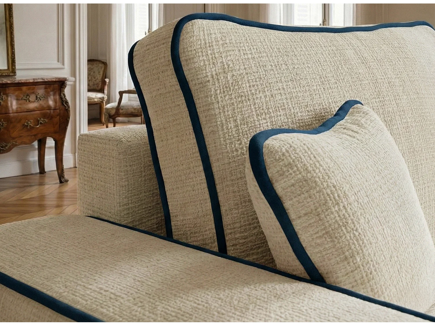 Canapé d'angle droit convertible en tissu chenille creme-bleu foncé MODO