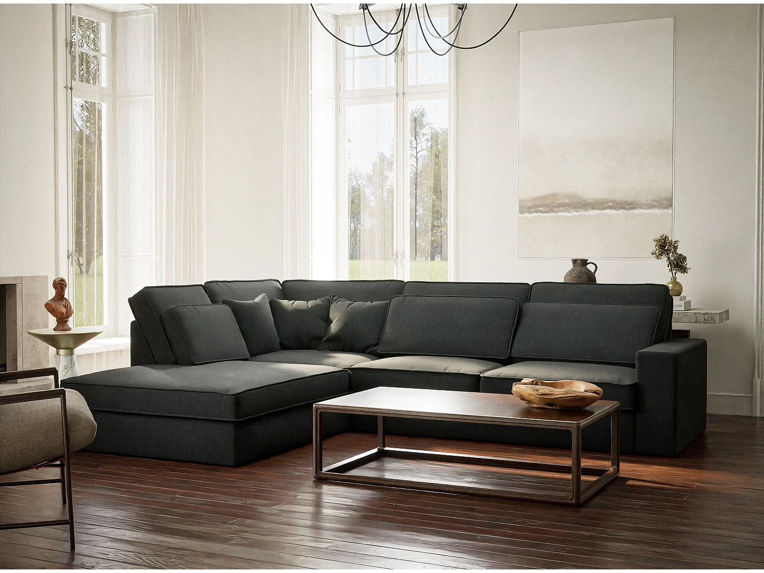 Canapé d'angle gauche 5 places en tissu tressé turquoise KIROU