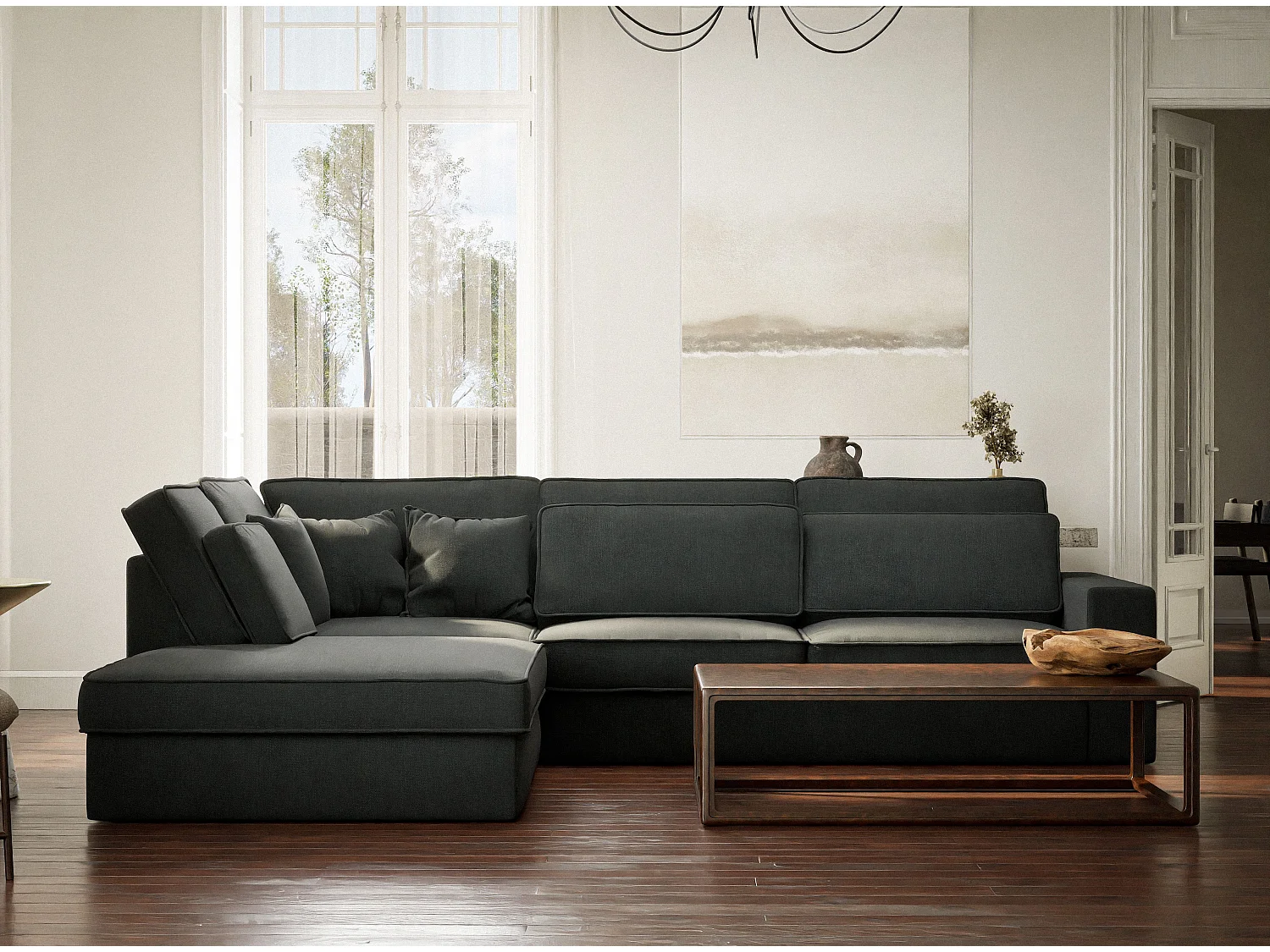 Canapé d'angle gauche 5 places en tissu tressé turquoise KIROU