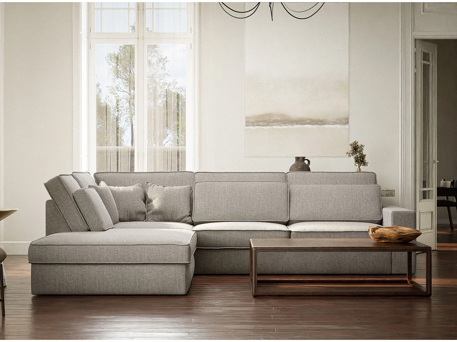 Canapé d'angle gauche 5 places en tissu tressé beige gris KIROU