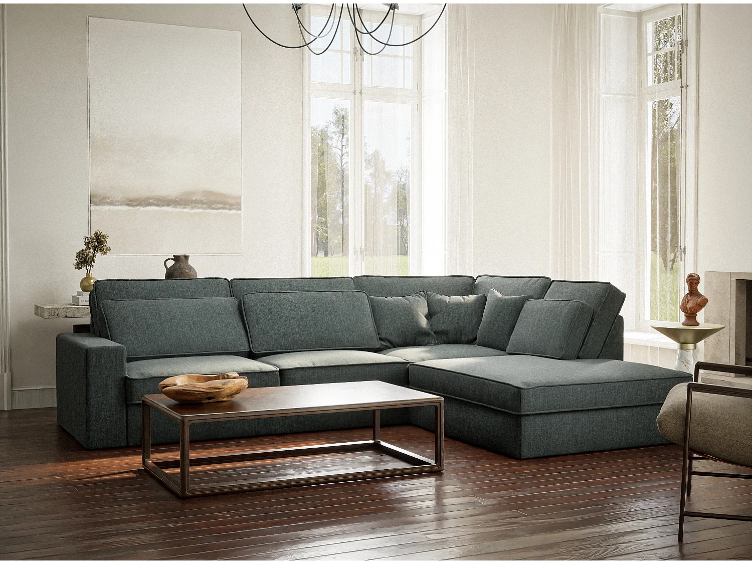 Canapé d'angle droit 5 places en tissu tressé bleu KIROU