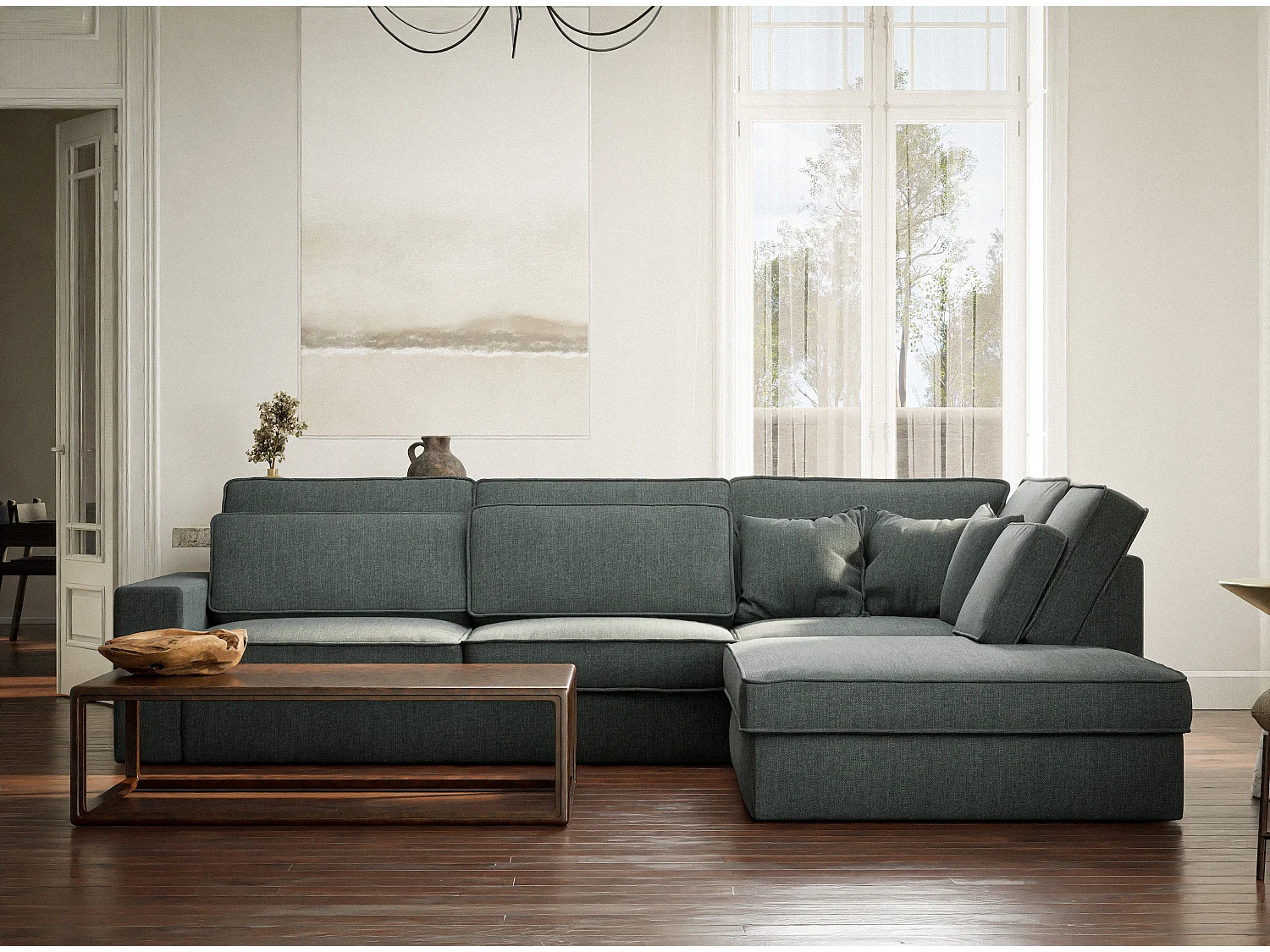 Canapé d'angle droit 5 places en tissu tressé bleu KIROU