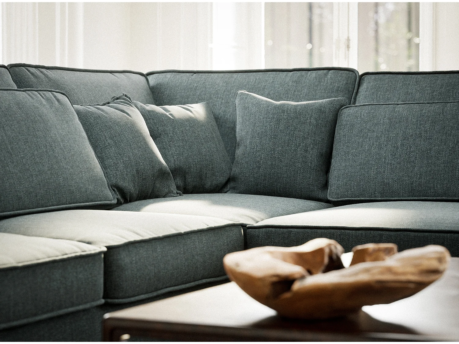 Canapé d'angle droit 5 places en tissu tressé bleu KIROU