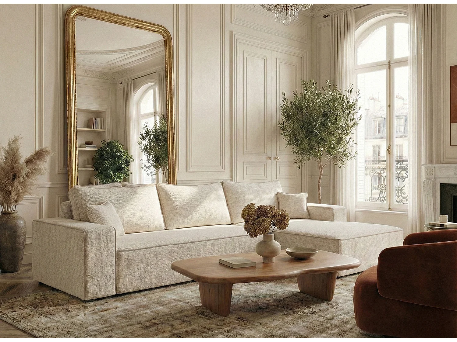 Canapé d'angle droit convertible en tissu chenille creme-beige MODO