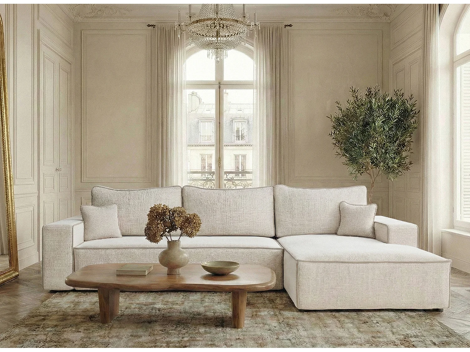 Canapé d'angle droit convertible en tissu chenille creme-beige MODO