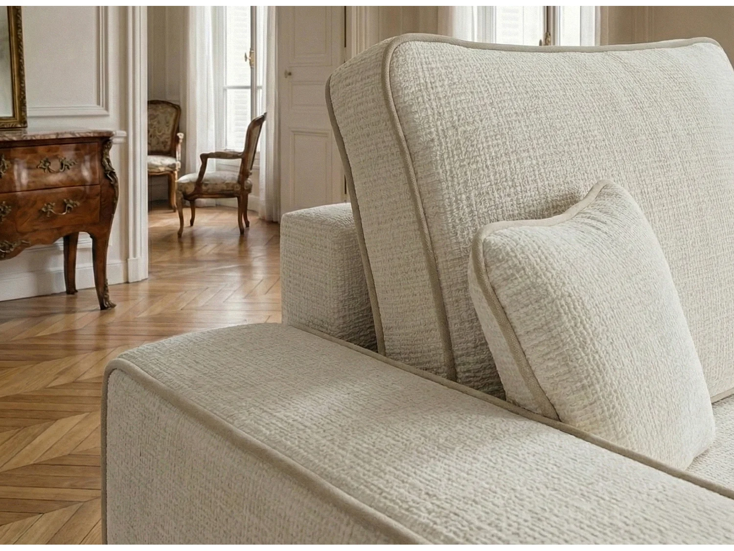 Canapé d'angle droit convertible en tissu chenille creme-beige MODO