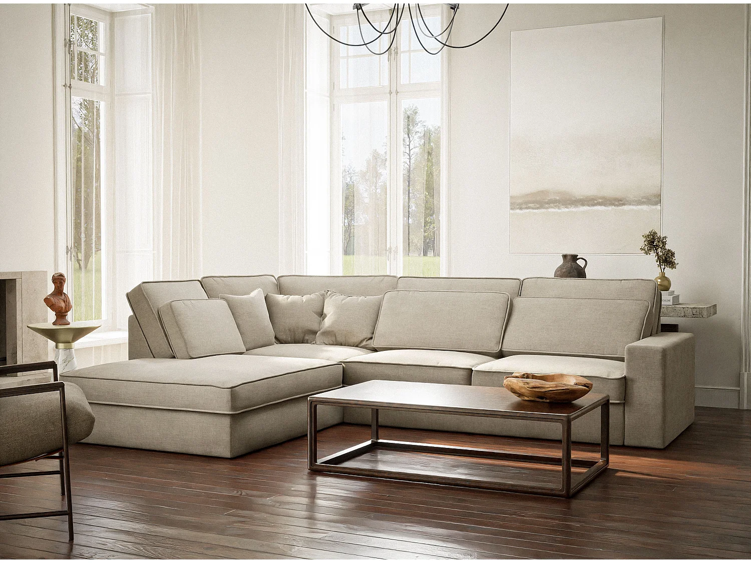 Ecksofa 5-Sitzer - Ecke Links - Chenille-Stoff - beige - KIROU