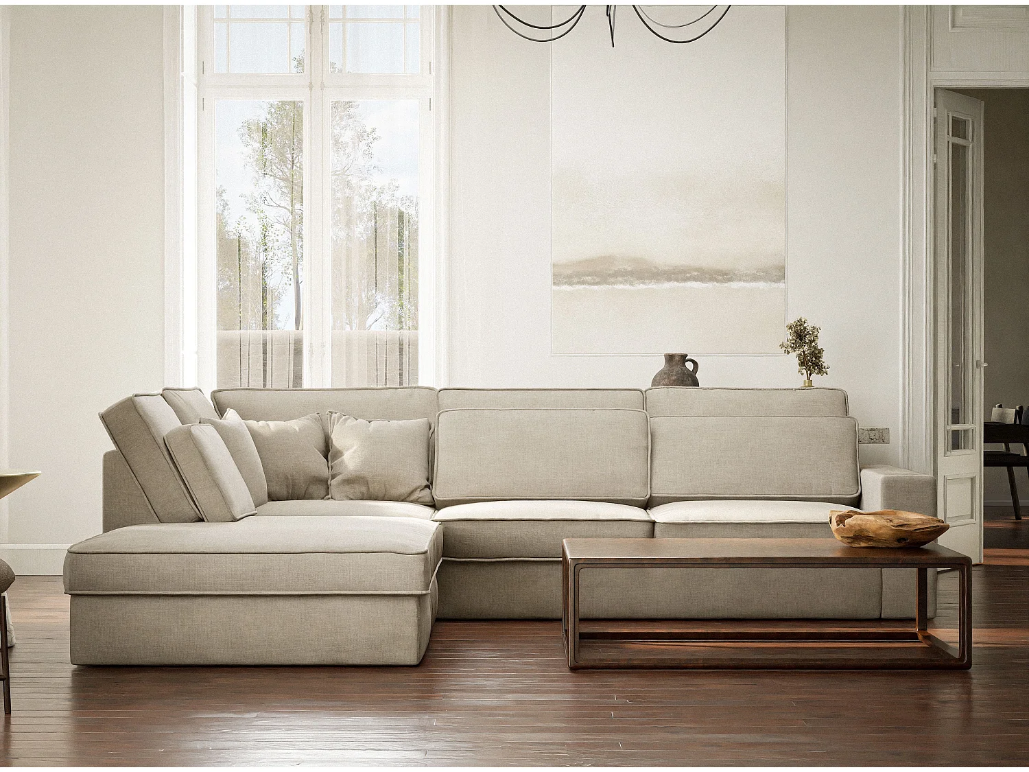 Ecksofa 5-Sitzer - Ecke Links - Chenille-Stoff - beige - KIROU