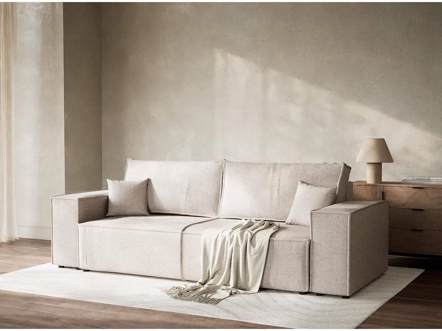 Canapé 3 places convertible en tissu tressé beige MILOS