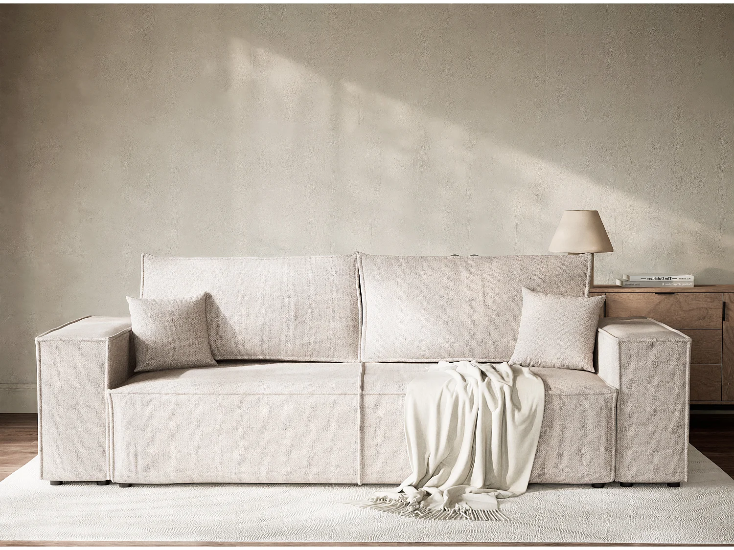 Canapé 3 places convertible en tissu tressé beige MILOS