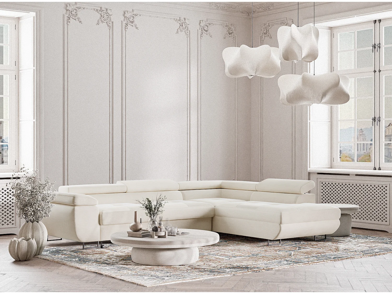 Canapé d'angle droit convertible en tissu chenille creme CONCORD