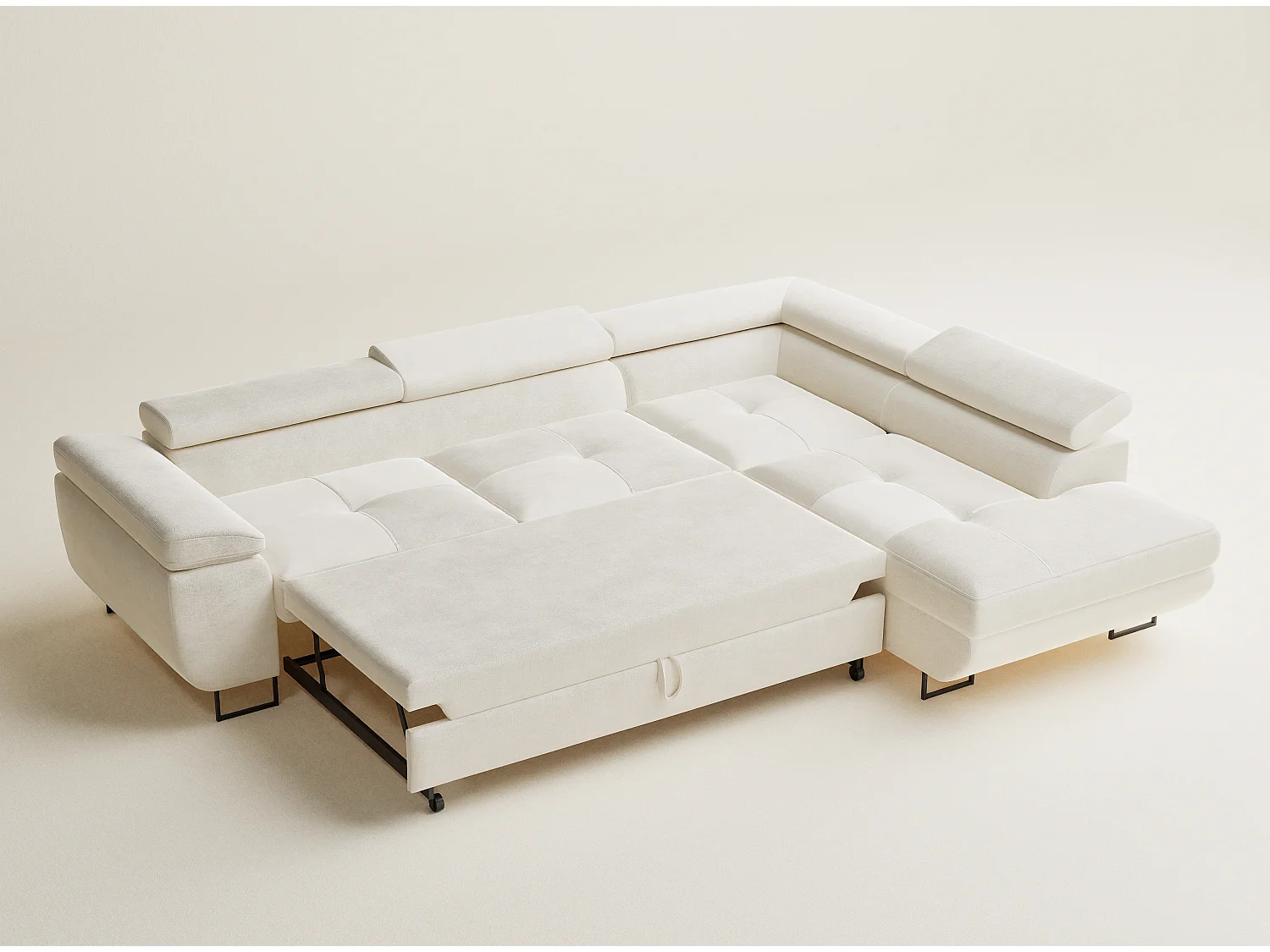 Canapé d'angle droit convertible en tissu chenille creme CONCORD