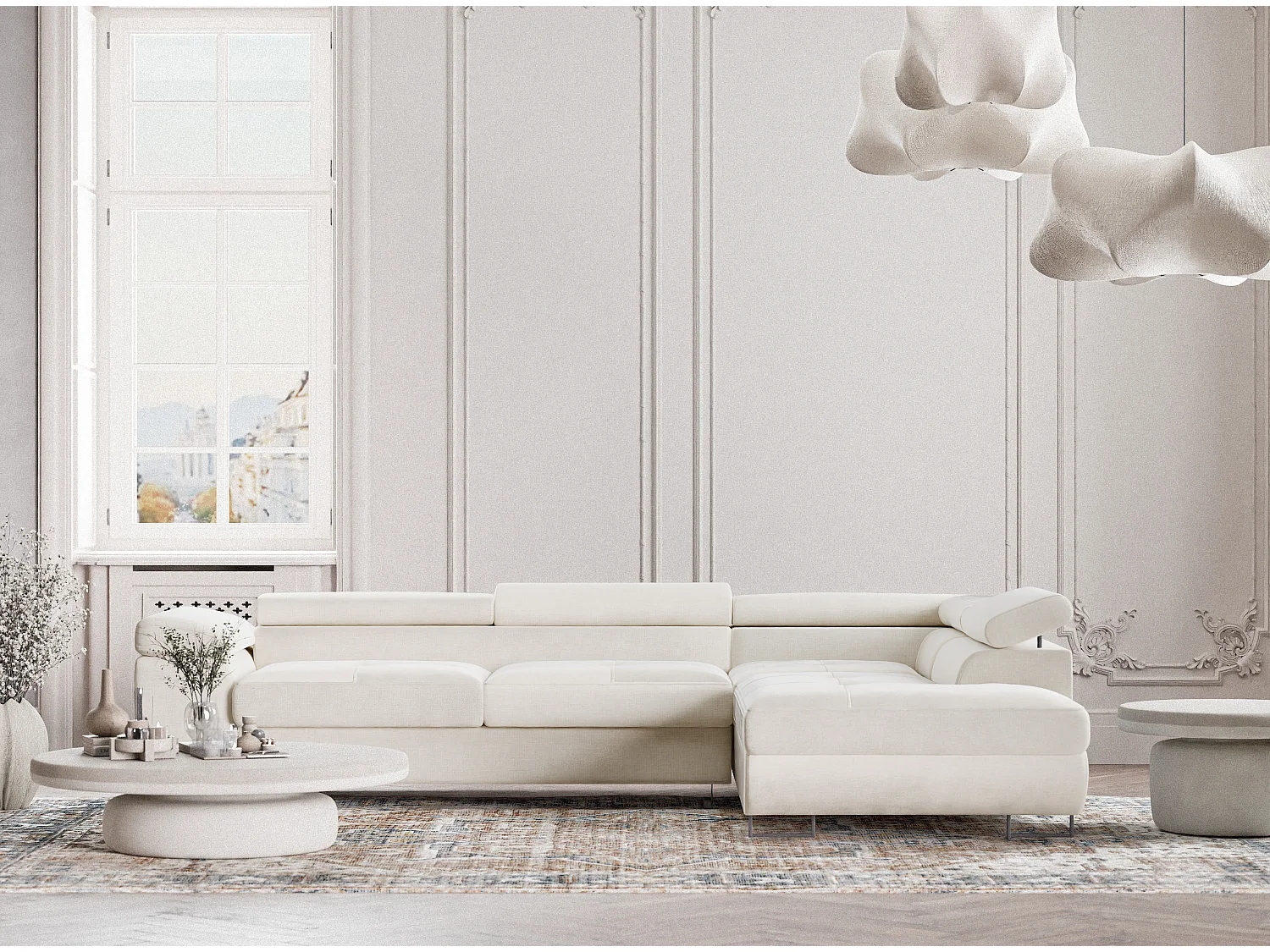 Canapé d'angle droit convertible en tissu chenille creme CONCORD