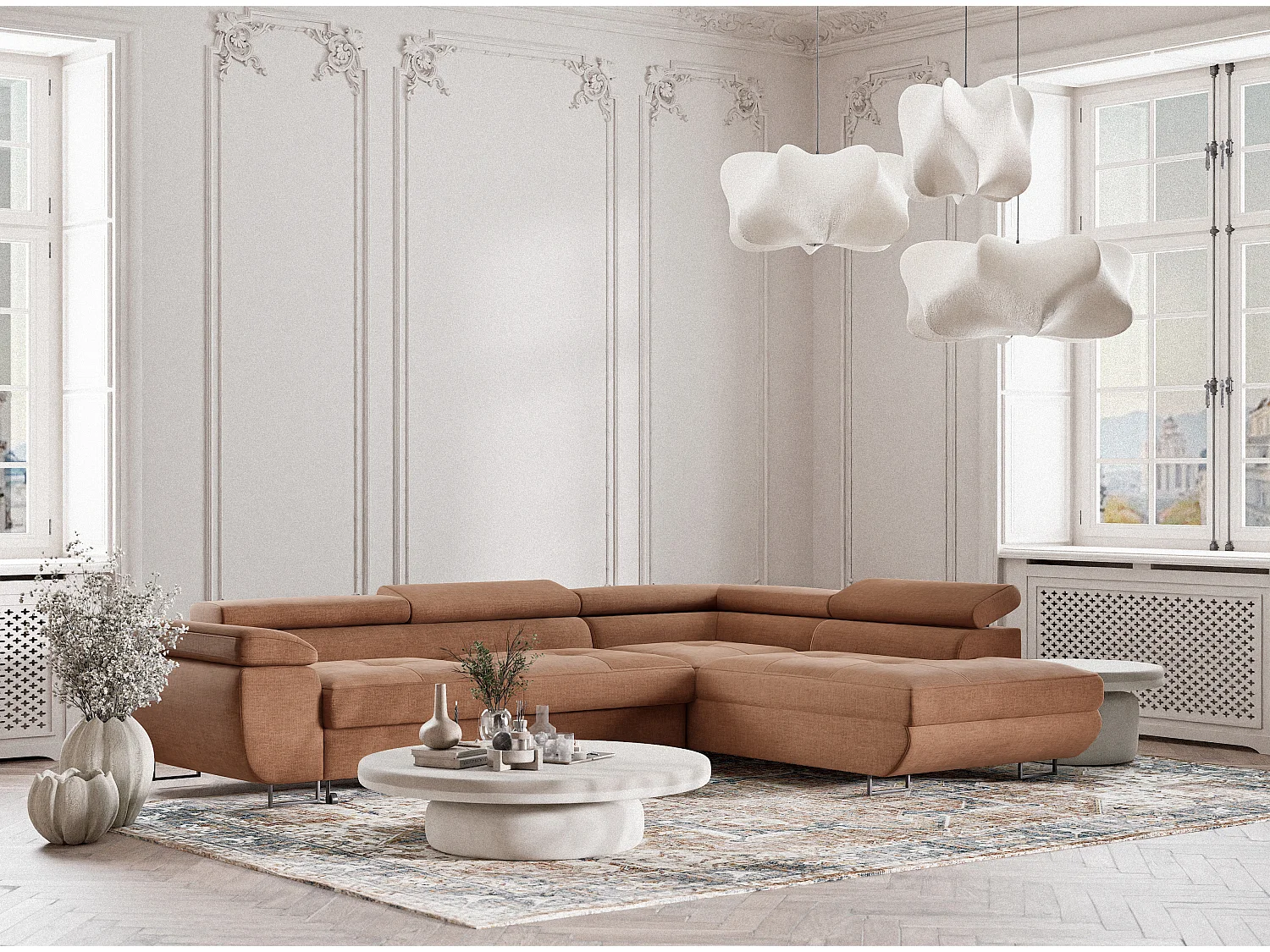 Canapé d'angle droit convertible en tissu chenille brun CONCORD