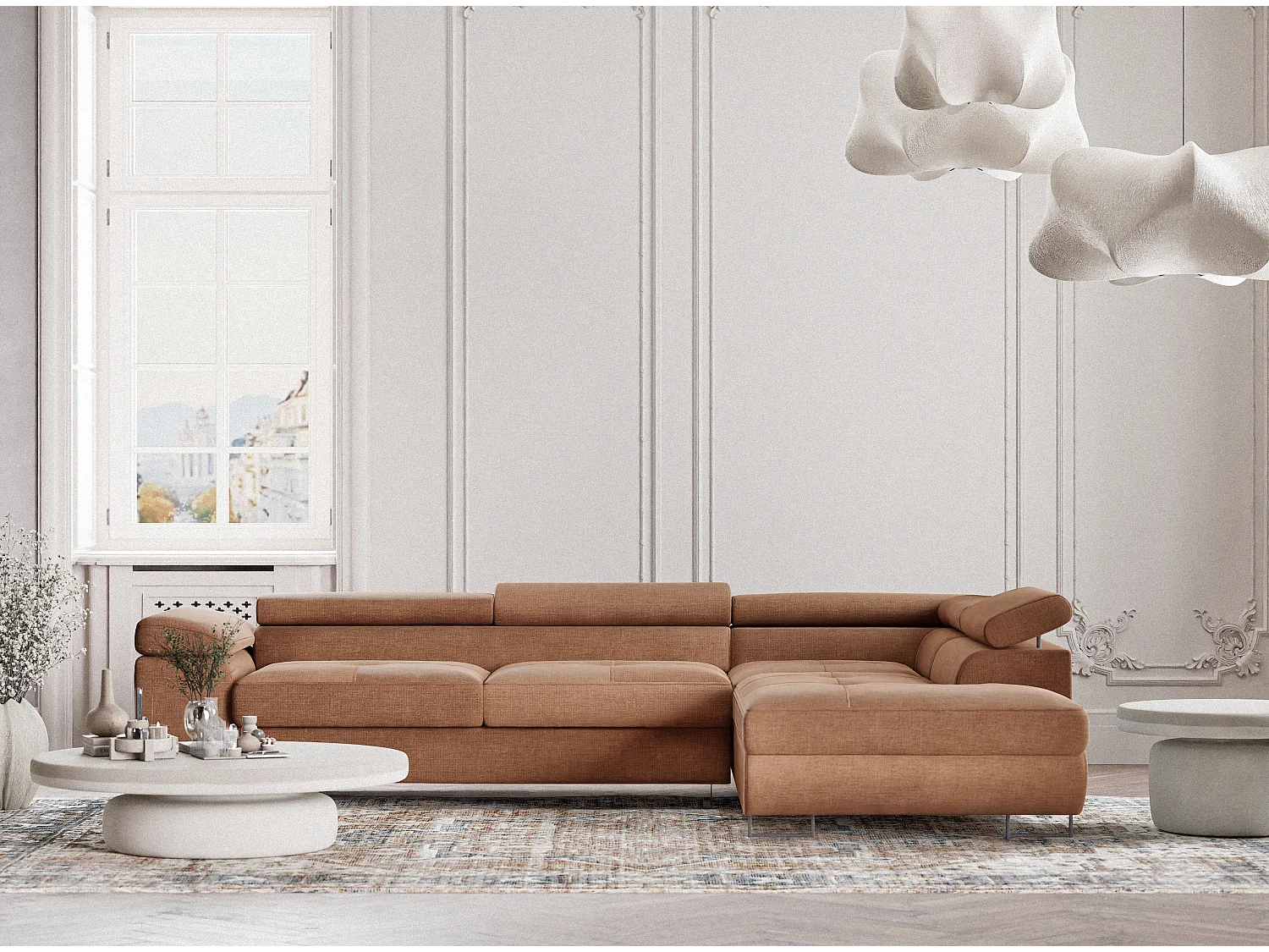 Canapé d'angle droit convertible en tissu chenille brun CONCORD