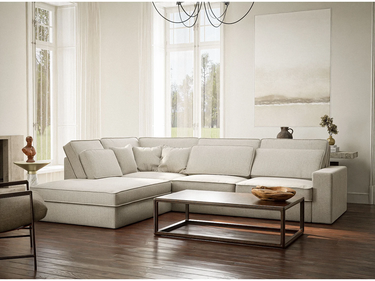 Canapé d'angle gauche 5 places en tissu tressé beige clair KIROU