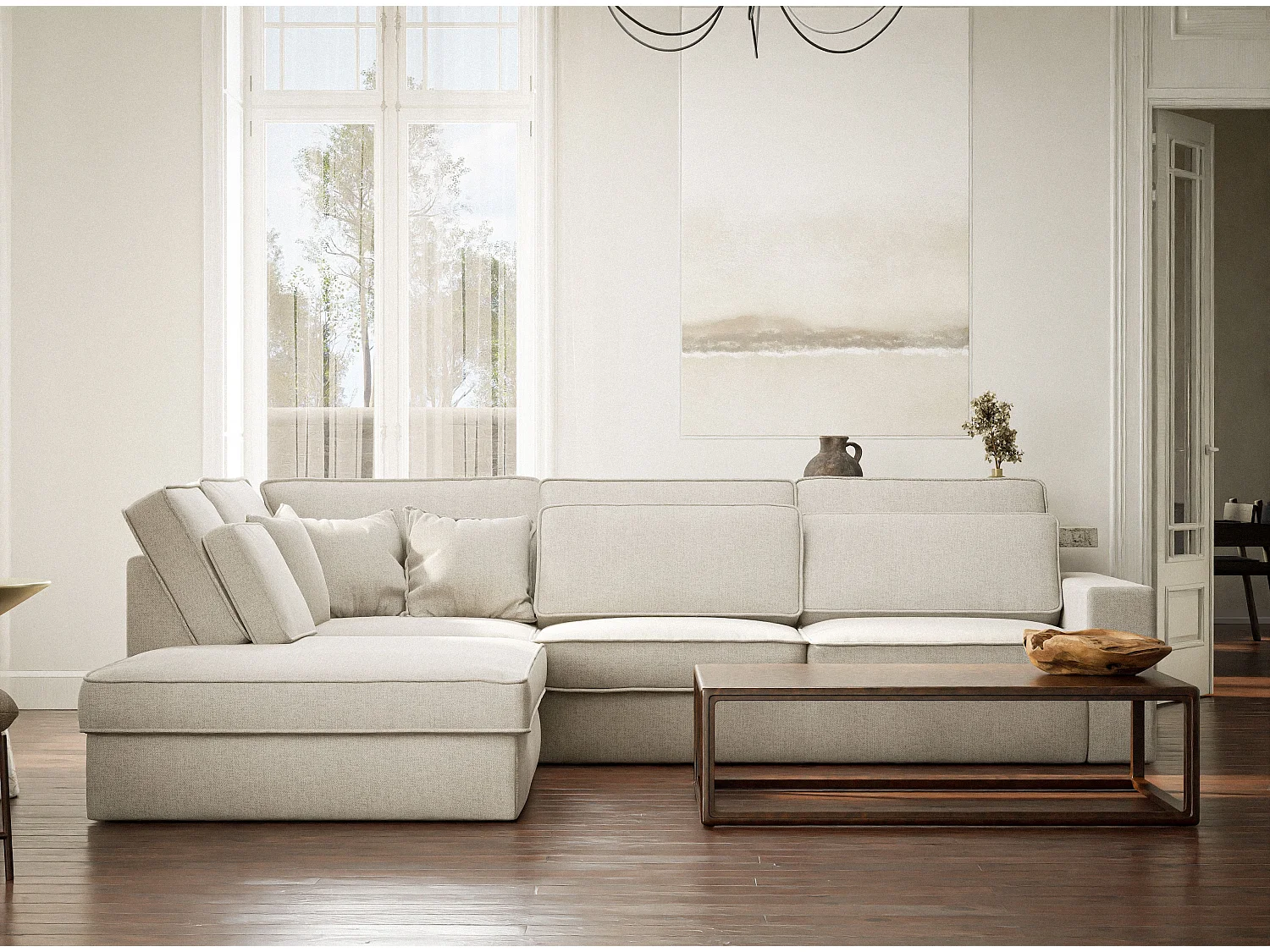 Canapé d'angle gauche 5 places en tissu tressé beige clair KIROU