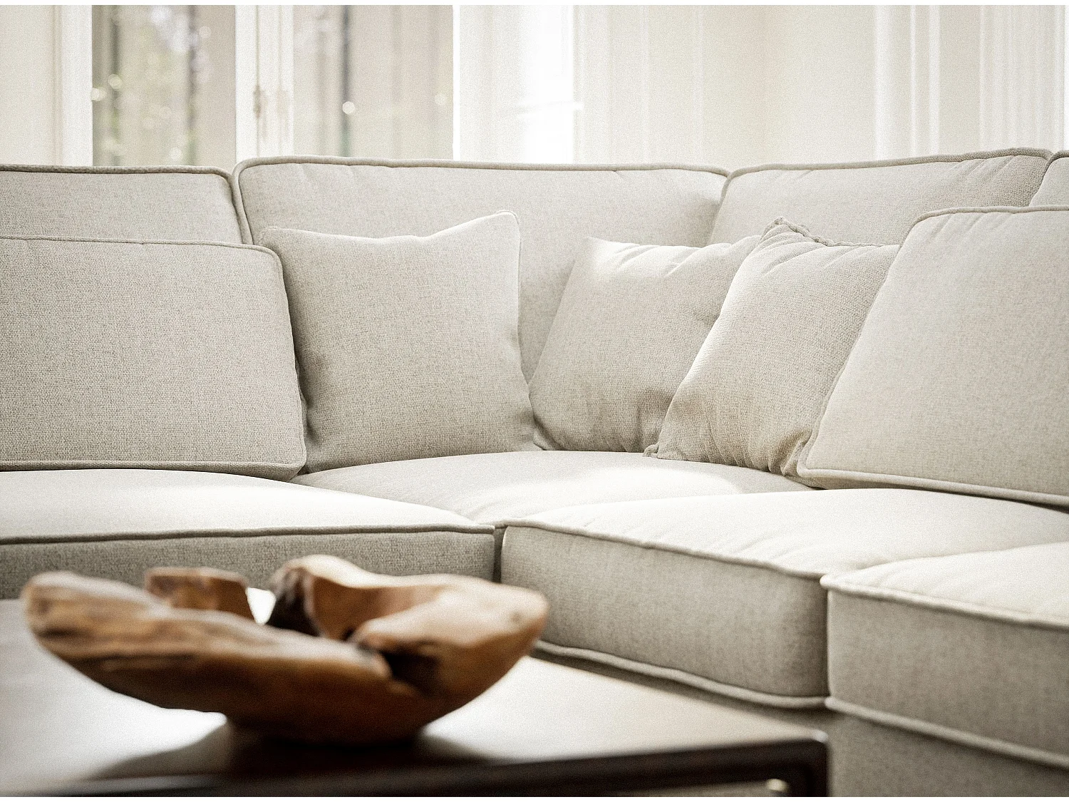 Canapé d'angle gauche 5 places en tissu tressé beige clair KIROU