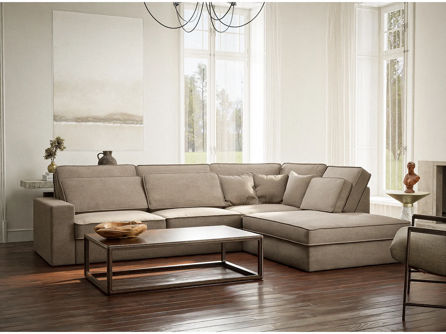 Canapé d'angle droit 5 places en tissu chenille gris brun KIROU