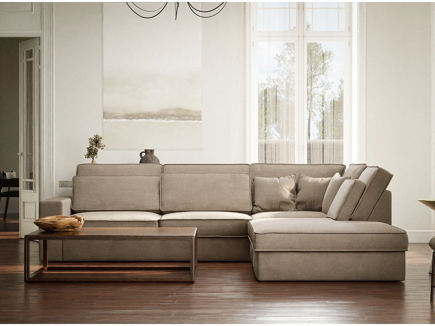 Canapé d'angle droit 5 places en tissu chenille gris brun KIROU