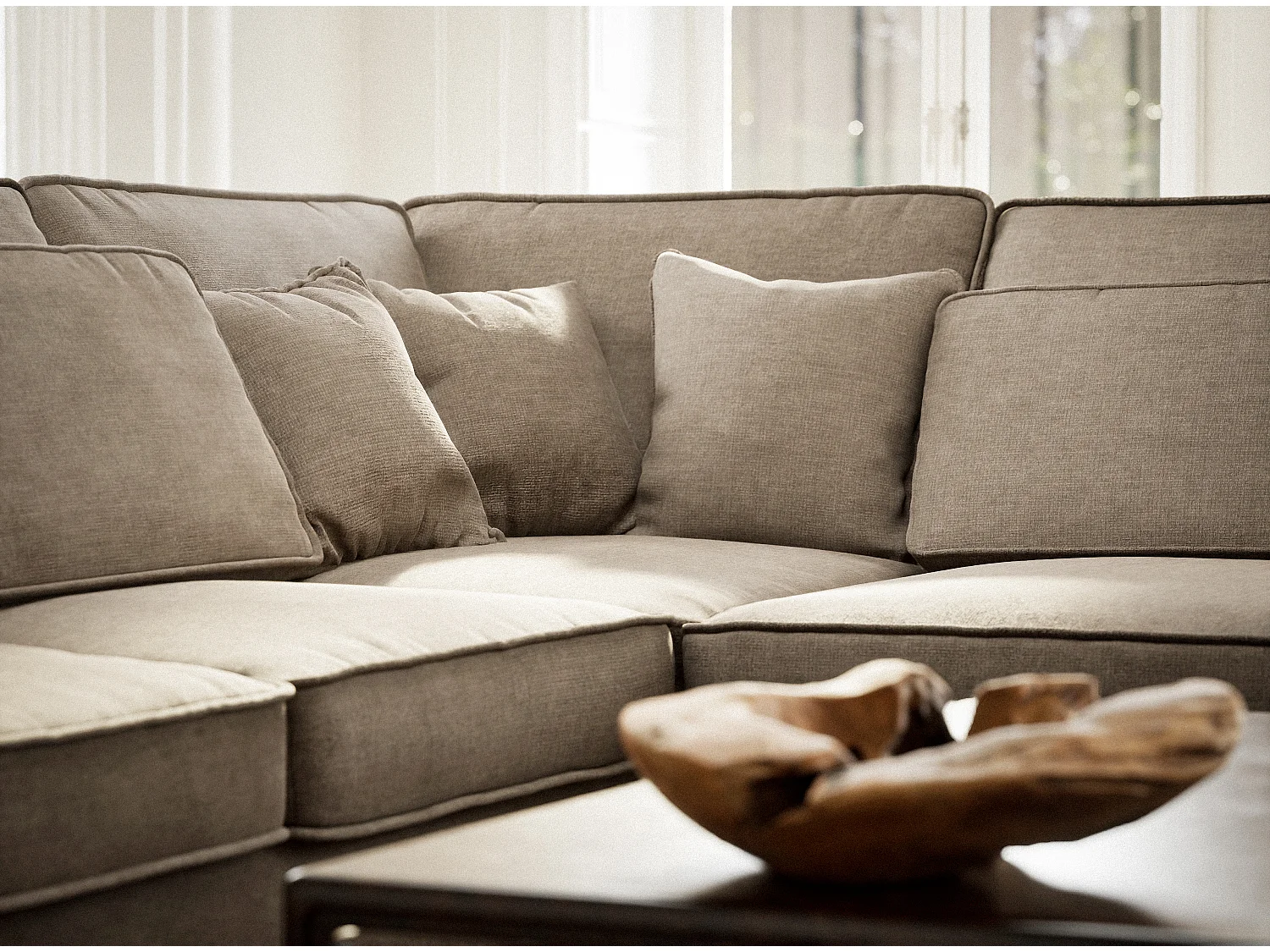 Canapé d'angle droit 5 places en tissu chenille gris brun KIROU