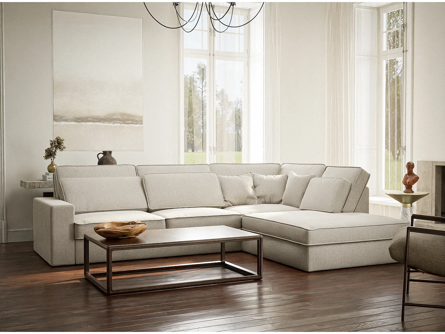 Canapé d'angle droit 5 places en tissu tressé beige clair KIROU