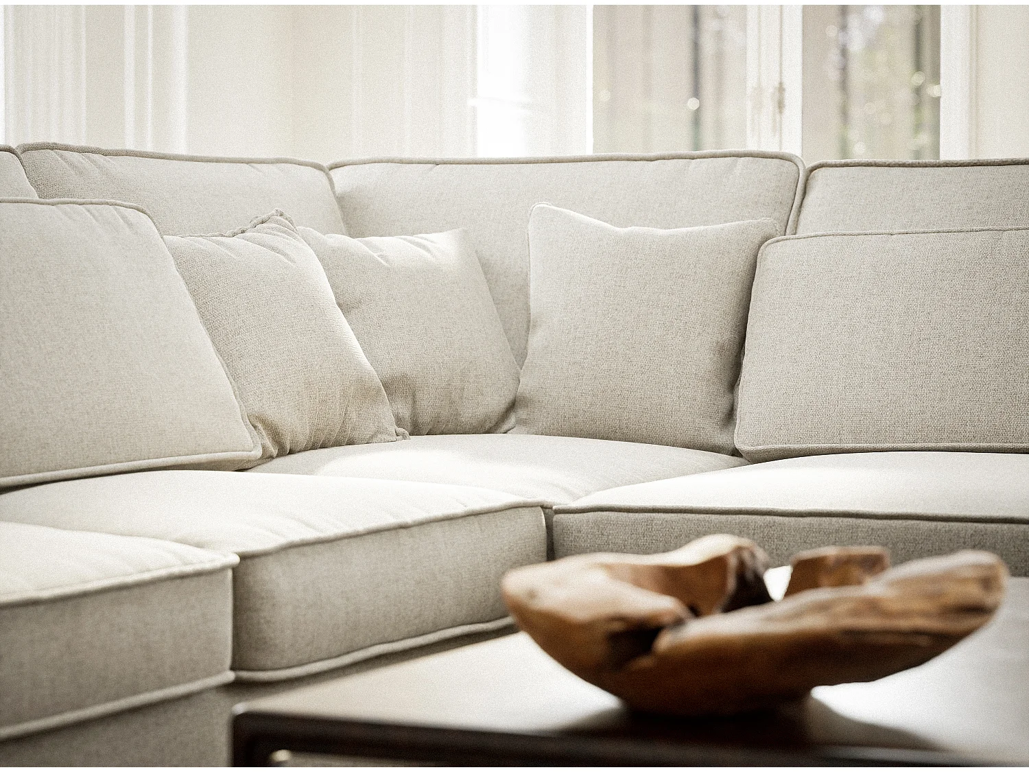 Canapé d'angle droit 5 places en tissu tressé beige clair KIROU