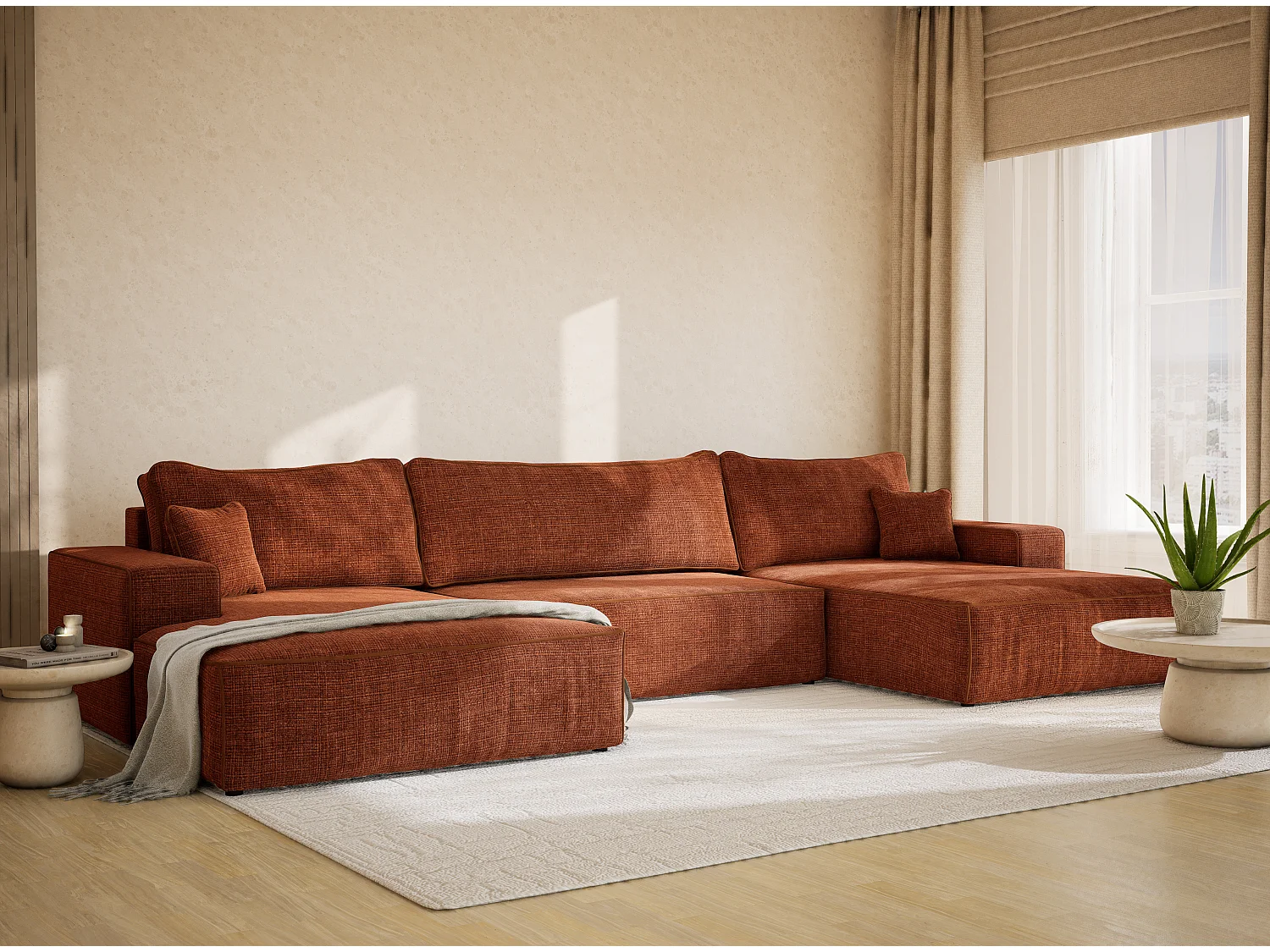 Canapé d'angle panoramique convertible en tissu chenille cuivre DESEO