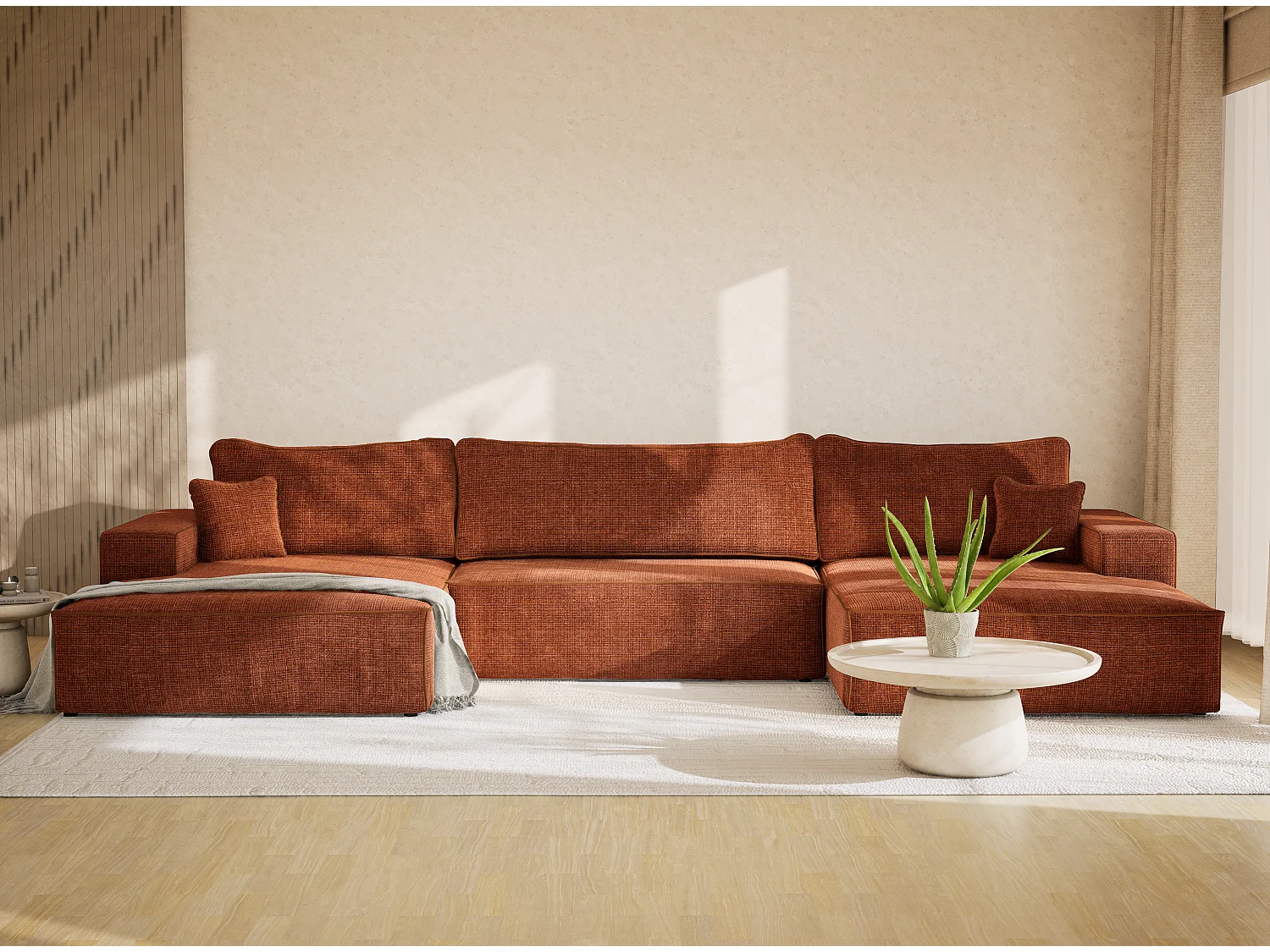 Canapé d'angle panoramique convertible en tissu chenille cuivre DESEO