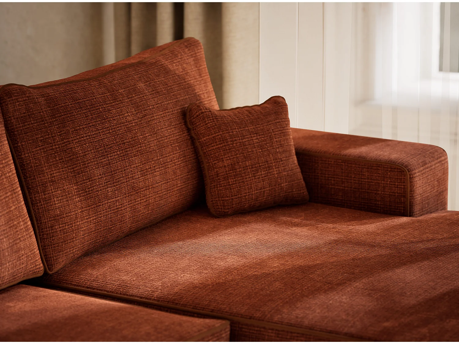 Canapé d'angle panoramique convertible en tissu chenille cuivre DESEO