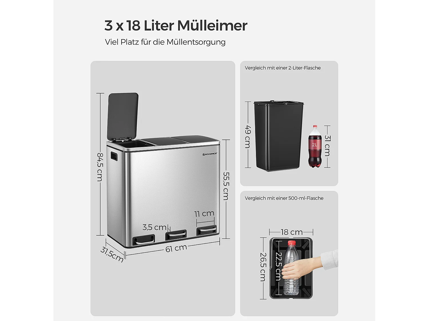 Poubelle de tri 3 bacs de 18L à pédales