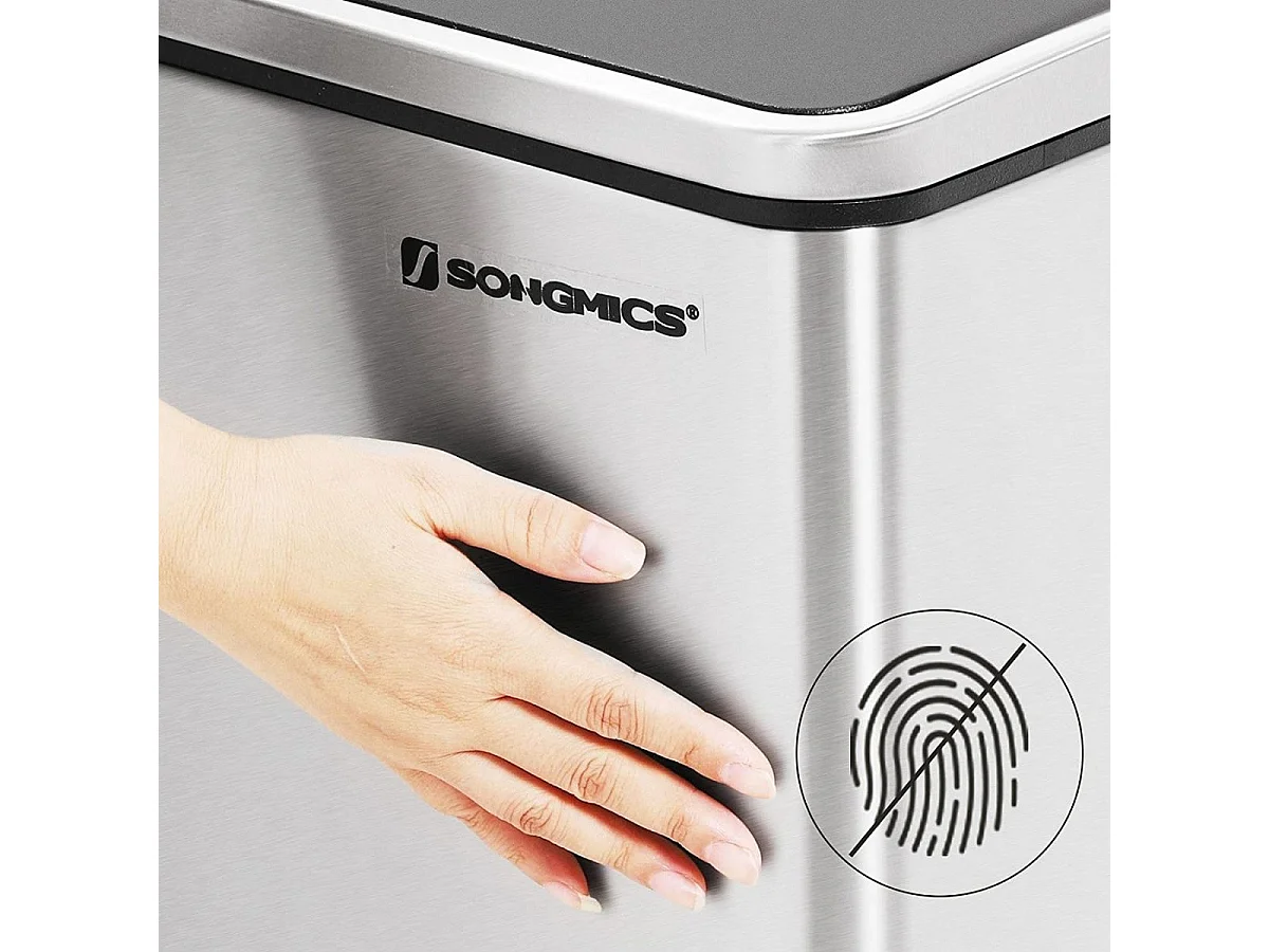 SONGMICS Recycling-Eimer, 3 x 18 L Dreifach-Kücheneimer, 3-Fach-Treteimer mit Soft-Close-Deckel, Kunststoff-Inneneimer und Griffe, Silber und Schwarz LTB54NL