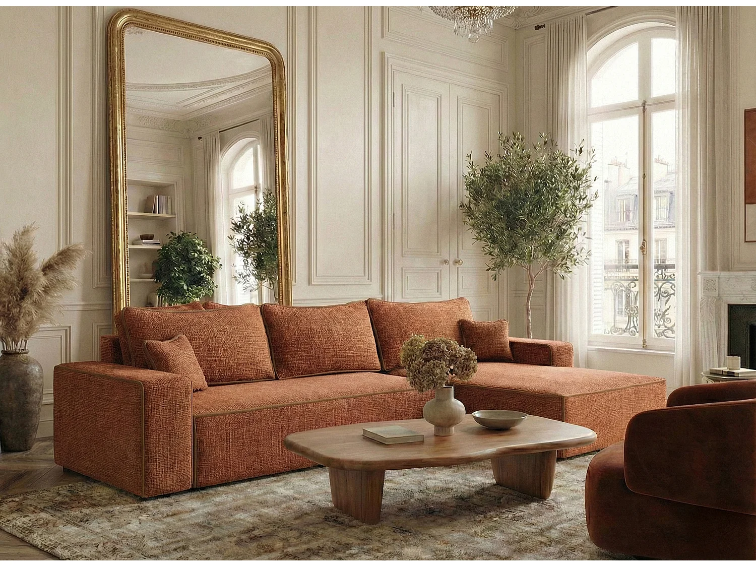 Canapé d'angle droit convertible en tissu chenille cuivre MODO