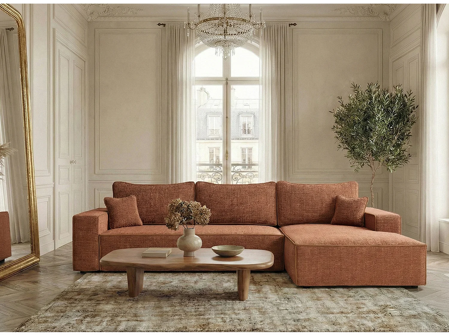 Canapé d'angle droit convertible en tissu chenille cuivre MODO