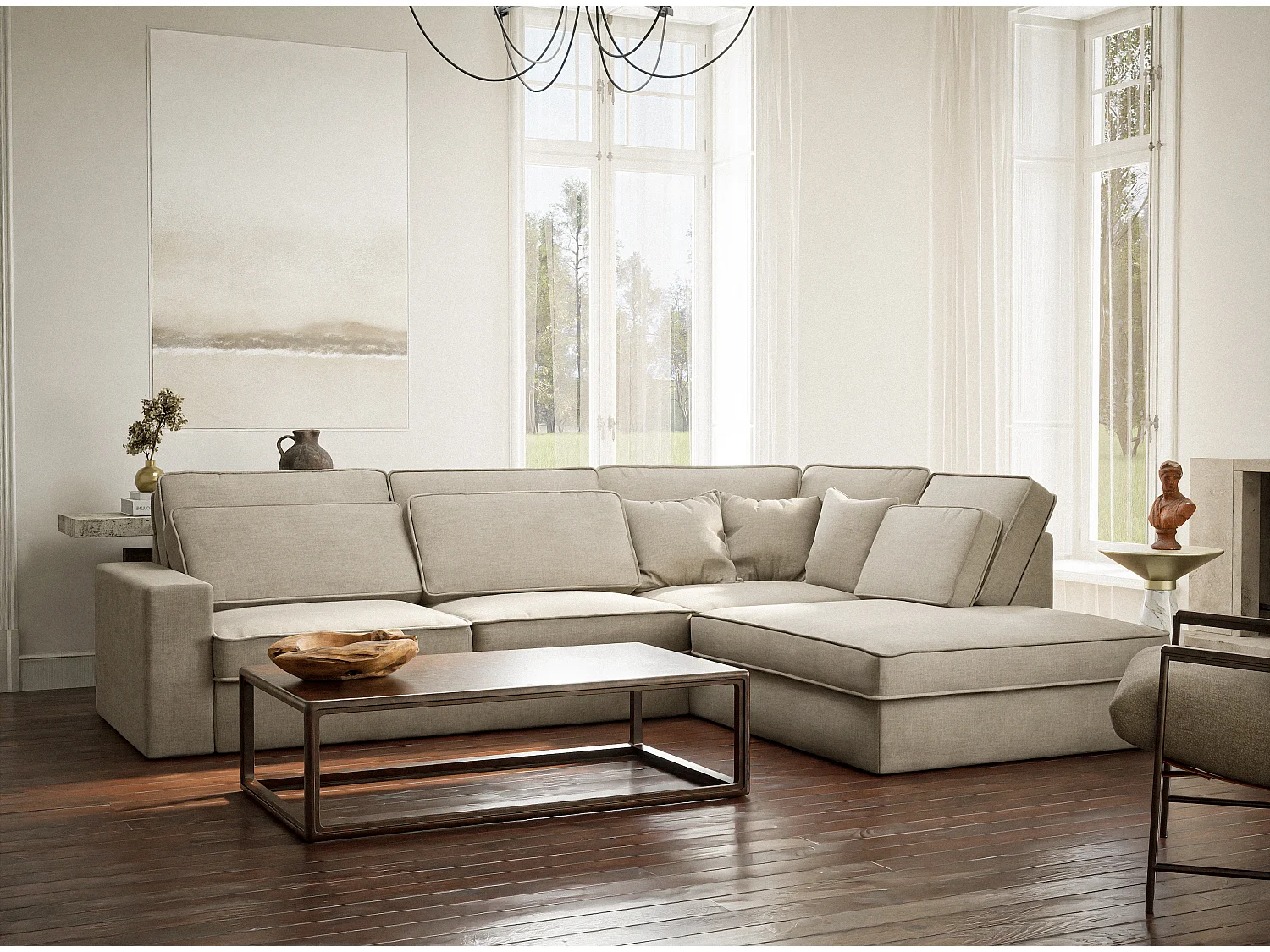 Canapé d'angle droit 5 places en tissu chenille beige KIROU