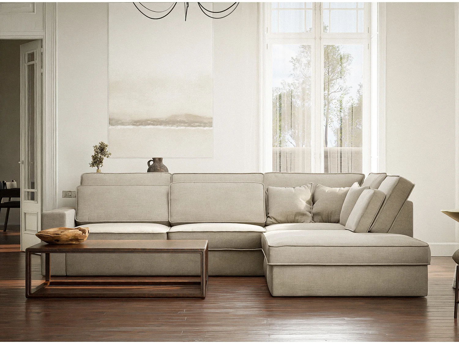 Canapé d'angle droit 5 places en tissu chenille beige KIROU