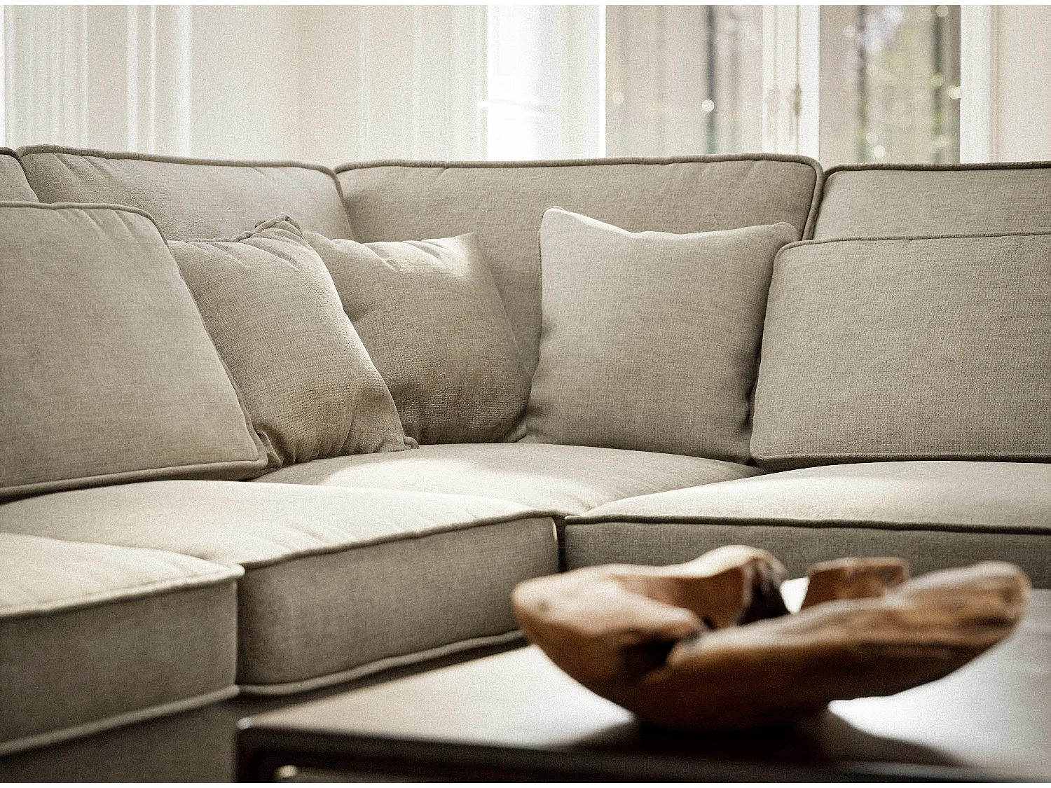 Canapé d'angle droit 5 places en tissu chenille beige KIROU