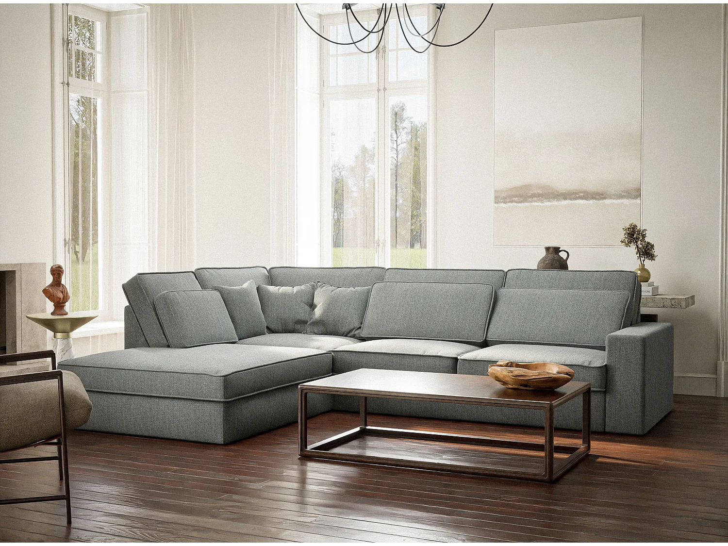 Canapé d'angle gauche 5 places en tissu tressé bleu gris KIROU