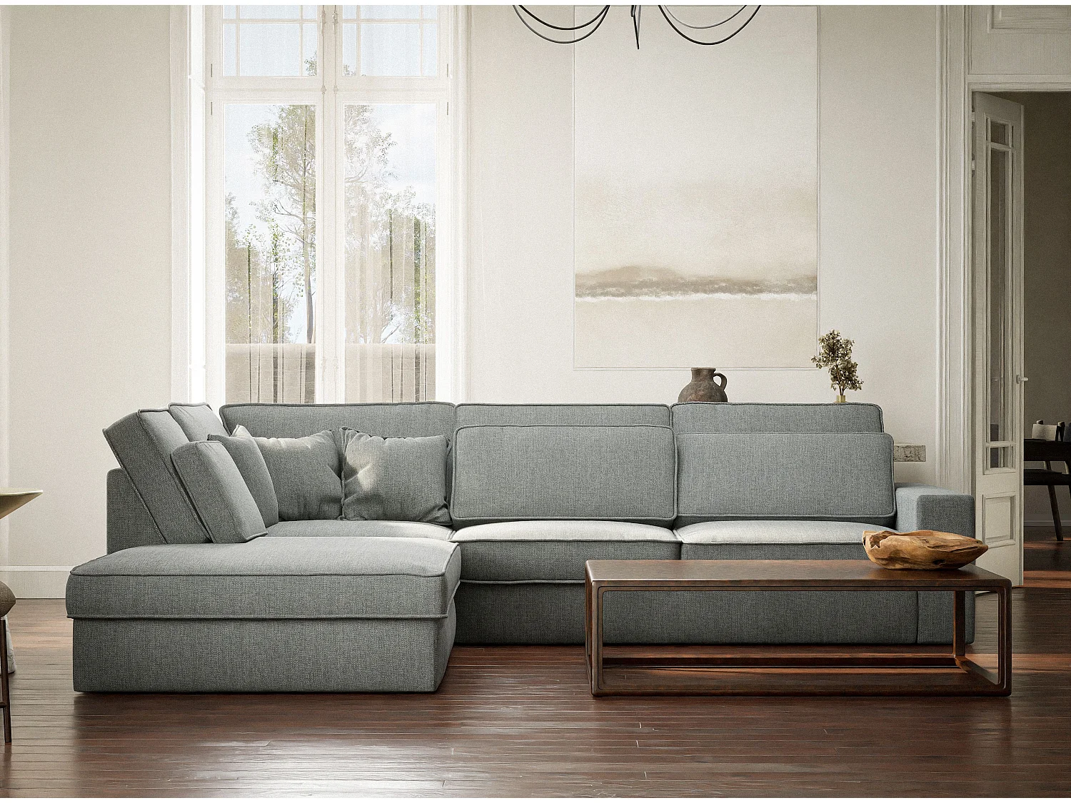 Canapé d'angle gauche 5 places en tissu tressé bleu gris KIROU