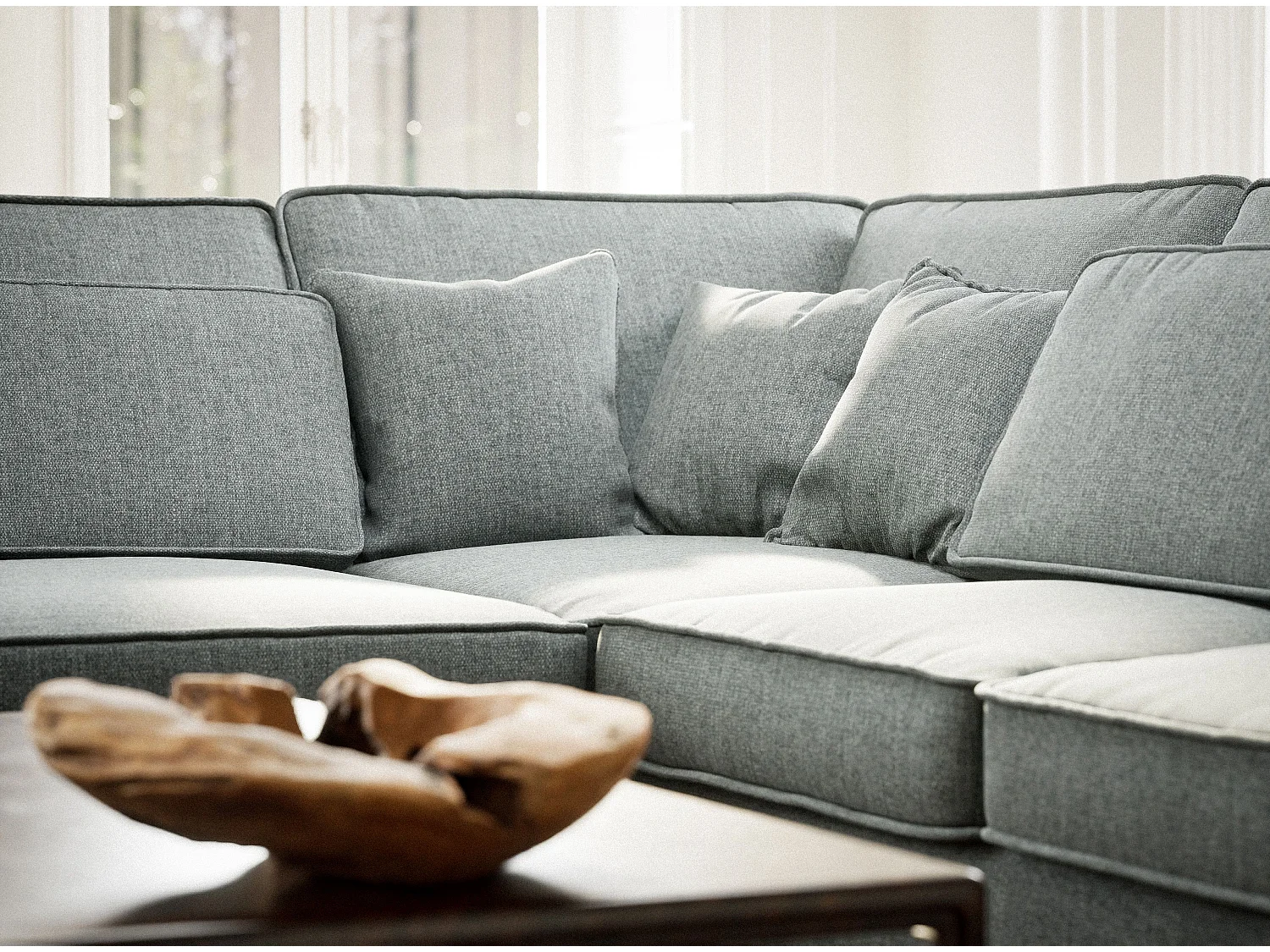 Canapé d'angle gauche 5 places en tissu tressé bleu gris KIROU