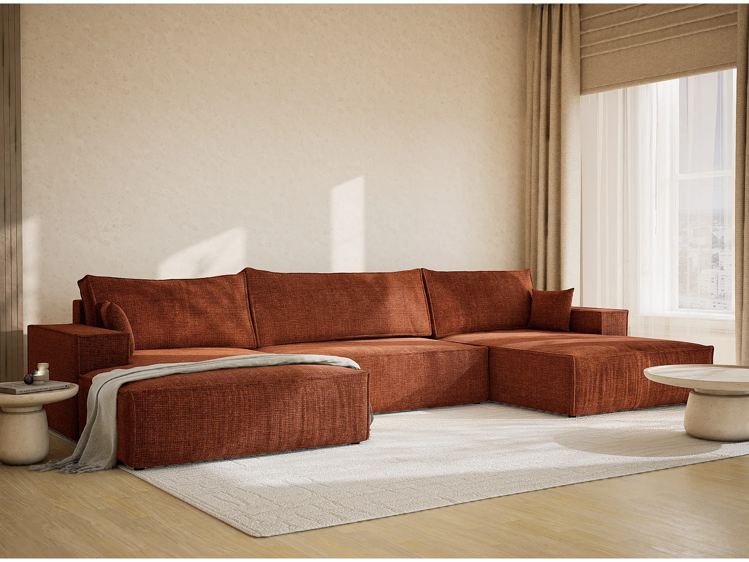 Canapé d'angle panoramique avec fonction lit en tissu chenille cuivre KYOTO