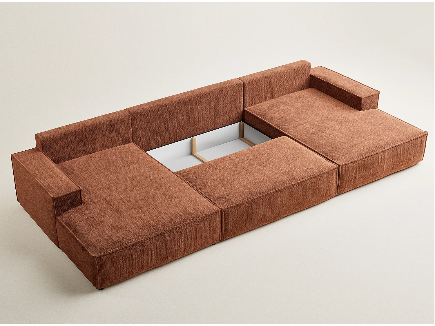 Canapé d'angle panoramique avec fonction lit en tissu chenille cuivre KYOTO
