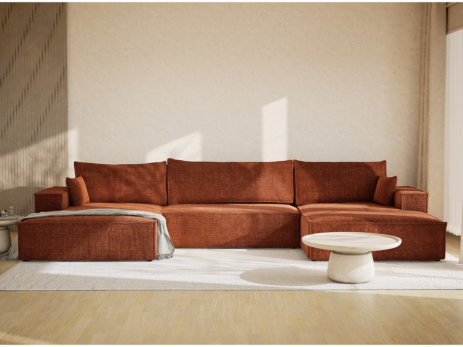 Canapé d'angle panoramique avec fonction lit en tissu chenille cuivre KYOTO